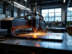 Lasersnijmachine in werking met oranje snijstraal op staalplaat, traditionele snijgereedschappen op werkbank in moderne Nederlandse werkplaats