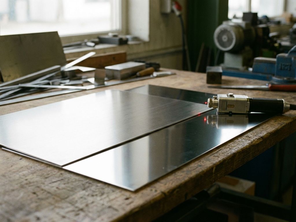Twee gepolijste roestvrijstalen platen op werkbank met lasercutter in industriële werkplaats