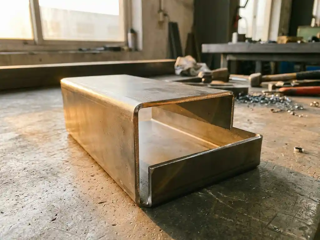 CNC-gebogen stalen beugel met scherpe vouwen op betonnen werkplaatsvloer, warm zijlicht accentueert de metalen randen.