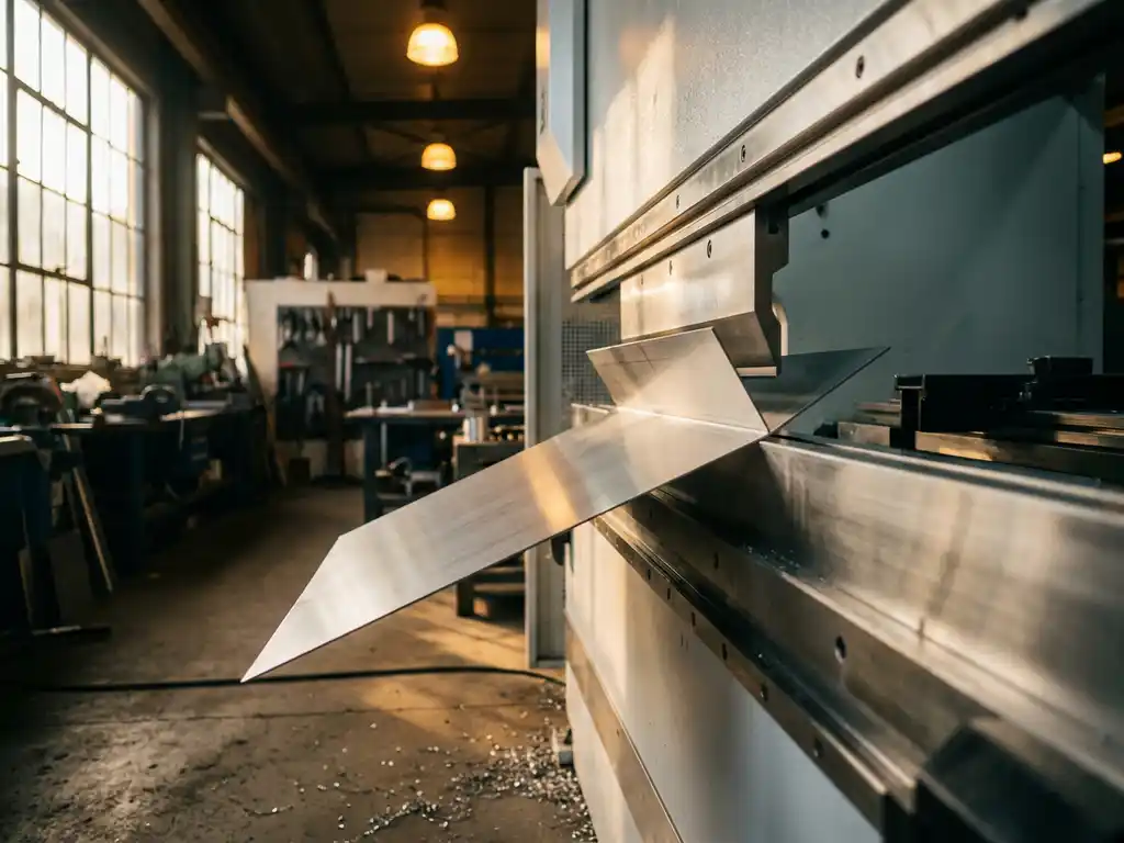 CNC kantbank buigt geborsteld staalplaat met scherpe vouwlijn, verlicht door warm industrieel raamlicht.