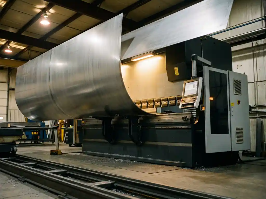 Grote stalen plaat die door een industriële CNC-kantpers nauwkeurig wordt gebogen, gefotografeerd vanuit laag perspectief.