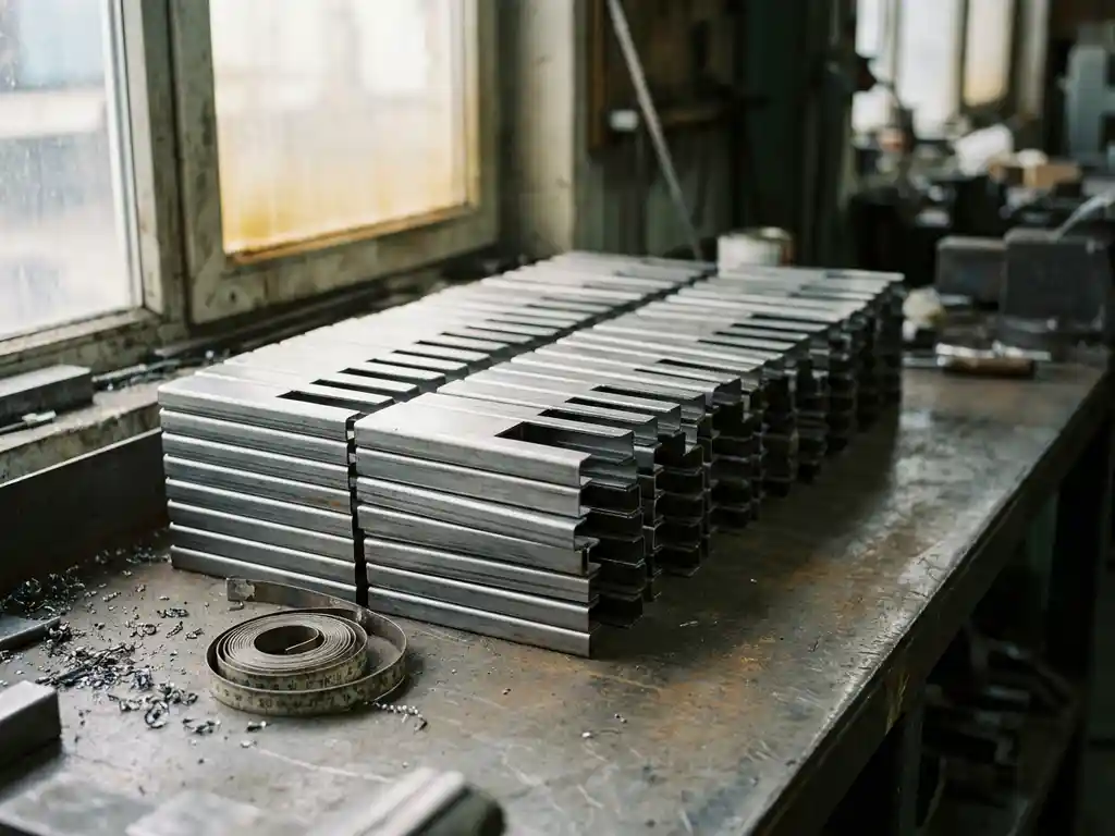 Stapel precies gebogen metalen onderdelen op een stalen werkbank, met scherpe vouwlijnen, metaalvijlsel en meetlint erbij.
