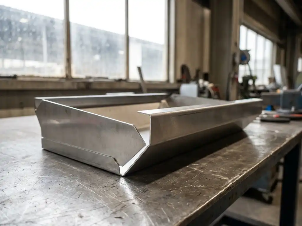 Versgebogen plaatmetalen onderdeel met scherpe hoekige vouwen op een industriële stalen werkbank, verlicht door natuurlijk daglicht.
