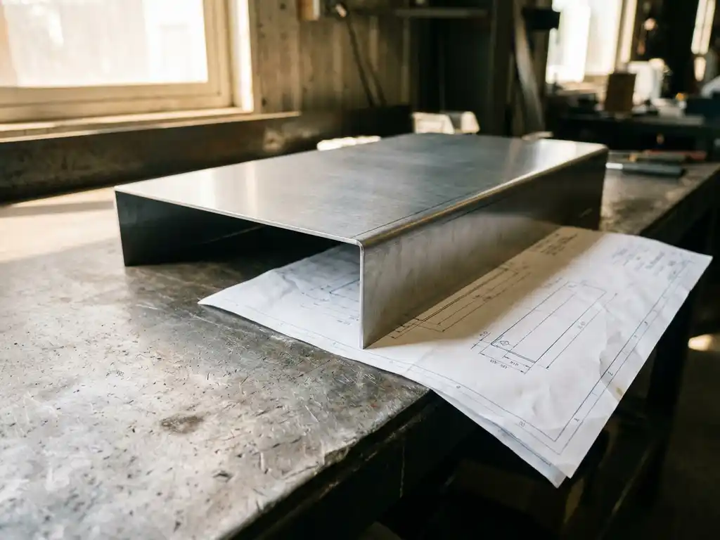 Precies gevouwen roestvrijstalen plaat met scherpe booglijnen op een werkblad, met een technische tekening eronder.