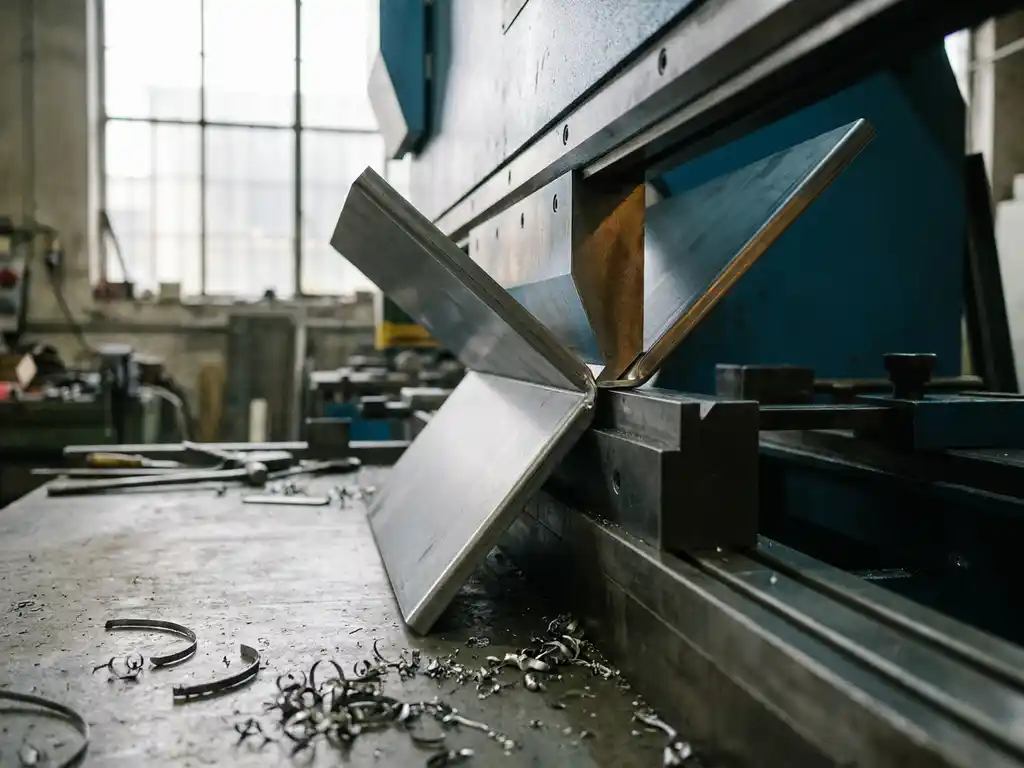 Kantpers buigt stalen plaat tot scherpe hoek, metaalspanen op betonvloer, diffuus daglicht in industriële werkplaats.
