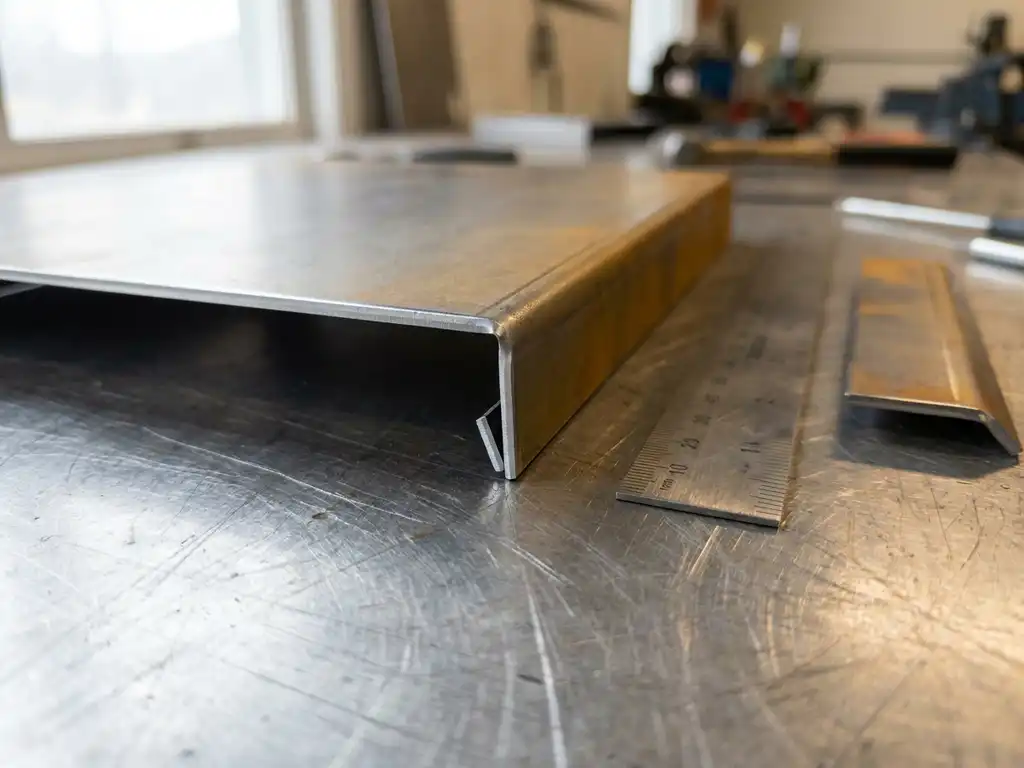 Lasergeknipte staalplaat met scherpe buiging op metalen werkoppervlak, stalen liniaal en gebogen staalmonster ernaast.