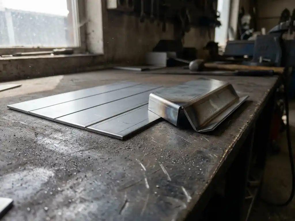 Lasergeснeden staalplaat met V-groef buiglijnen op verweerd staaloppervlak, met gevouwen metalen proefstuk en scherpe hoeken.