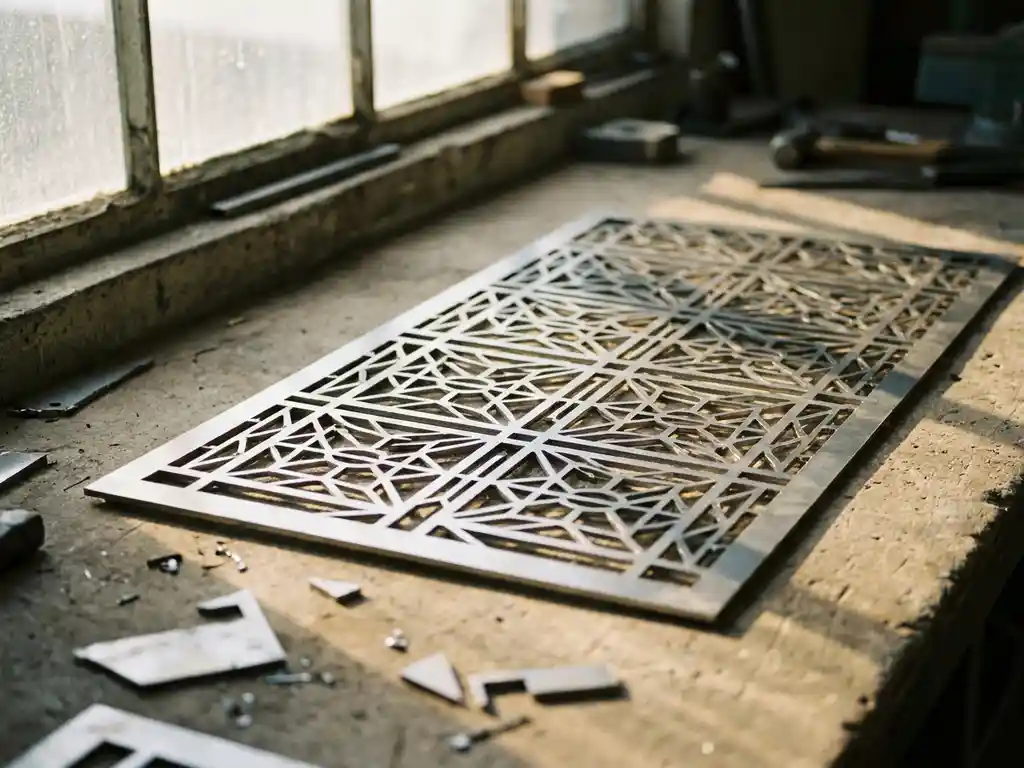 Lasergestanst stalen sierpaneel met geometrische patronen op betonnen werkoppervlak, scherpe schaduwen en metalen snijresten zichtbaar.