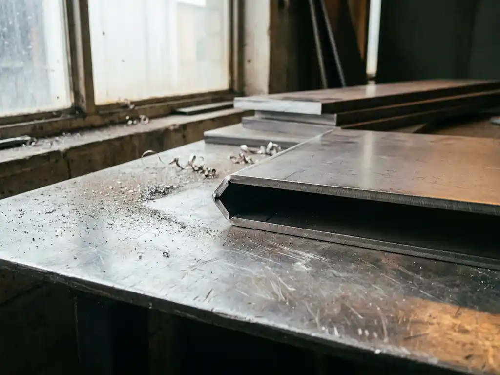 Lasergestanst staalplaat met strakke v-groef vouwen op metalen werkoppervlak, fijn metaalgruis in zijdelings daglicht.