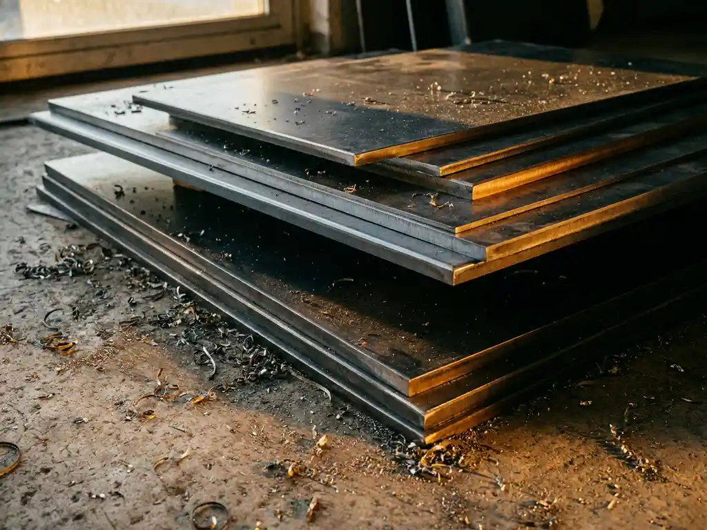 Lasergestanste stalen platen van verschillende diktes op betonnen werkplaatsvloer, met metaalspanen en scherpe snijkanten in warm zijlicht.
