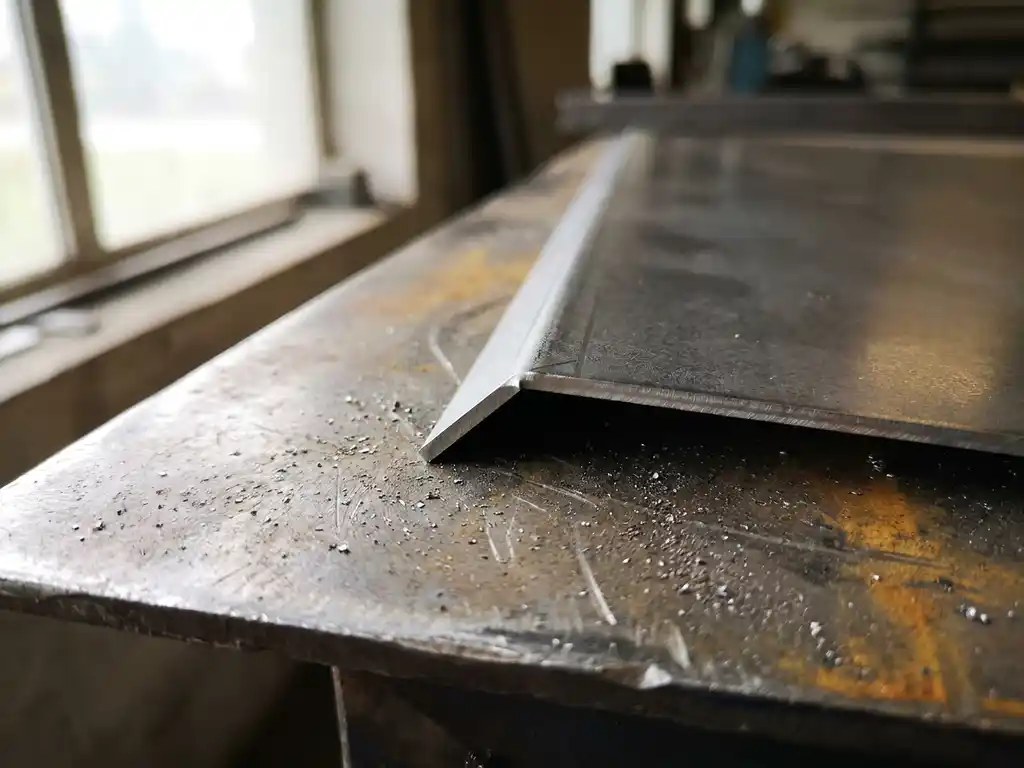 Lasergestanst staalplaat met scherpe v-groef en hoekige vouw op metalen werkoppervlak, fijne metaalspanen zichtbaar.