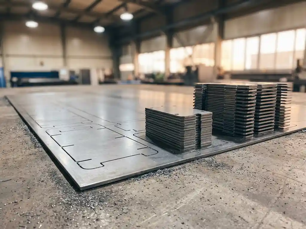 Lasergeknipte staalplaat met nauwkeurige buiglijnen op betonvloer, omringd door gestapelde metalen onderdelen in industriële werkplaats.