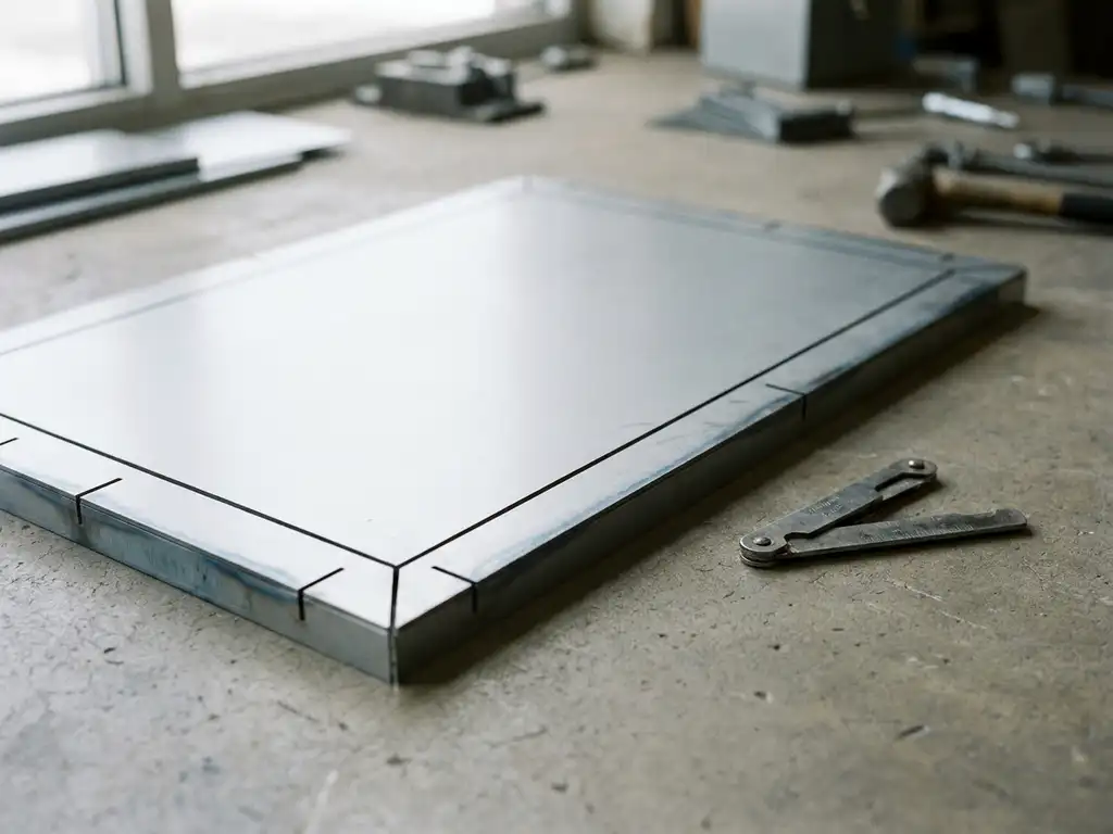 Lasergestanst staalplaat met ingefreesd buiglijnen op betonnen werkplaatsvloer, naast een metalen vouwmeetlat in zacht daglicht.