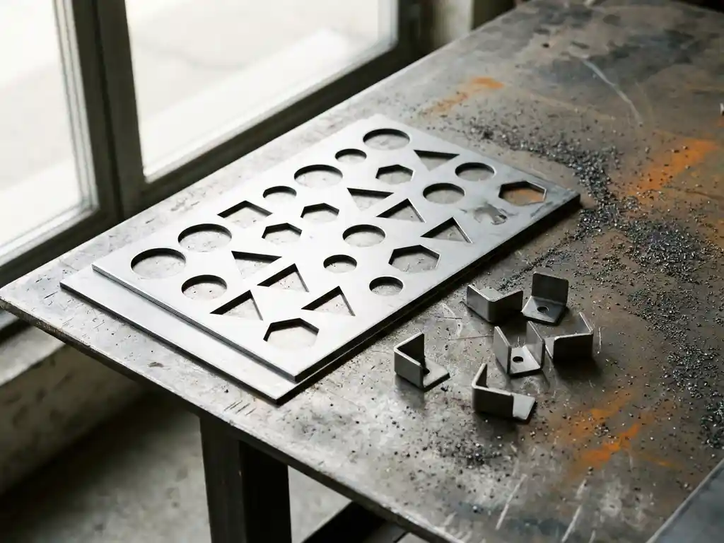 Lasergestanst stalen plaat met geometrische uitsparingen naast gebogen metalen beugels op een werkbladoppervlak, gefotografeerd van bovenaf.