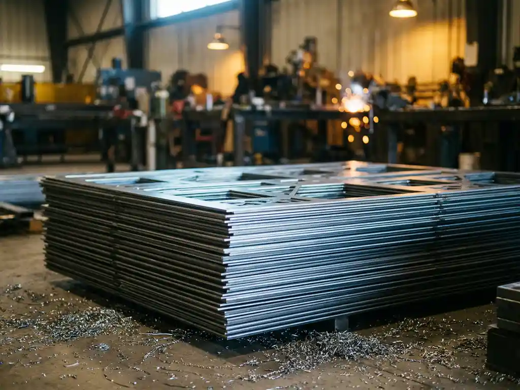 Stapel precisie lasergestanste metalen panelen op werkvloer, scherpe staalranden in blauw-wit licht, metaalspanen zichtbaar.