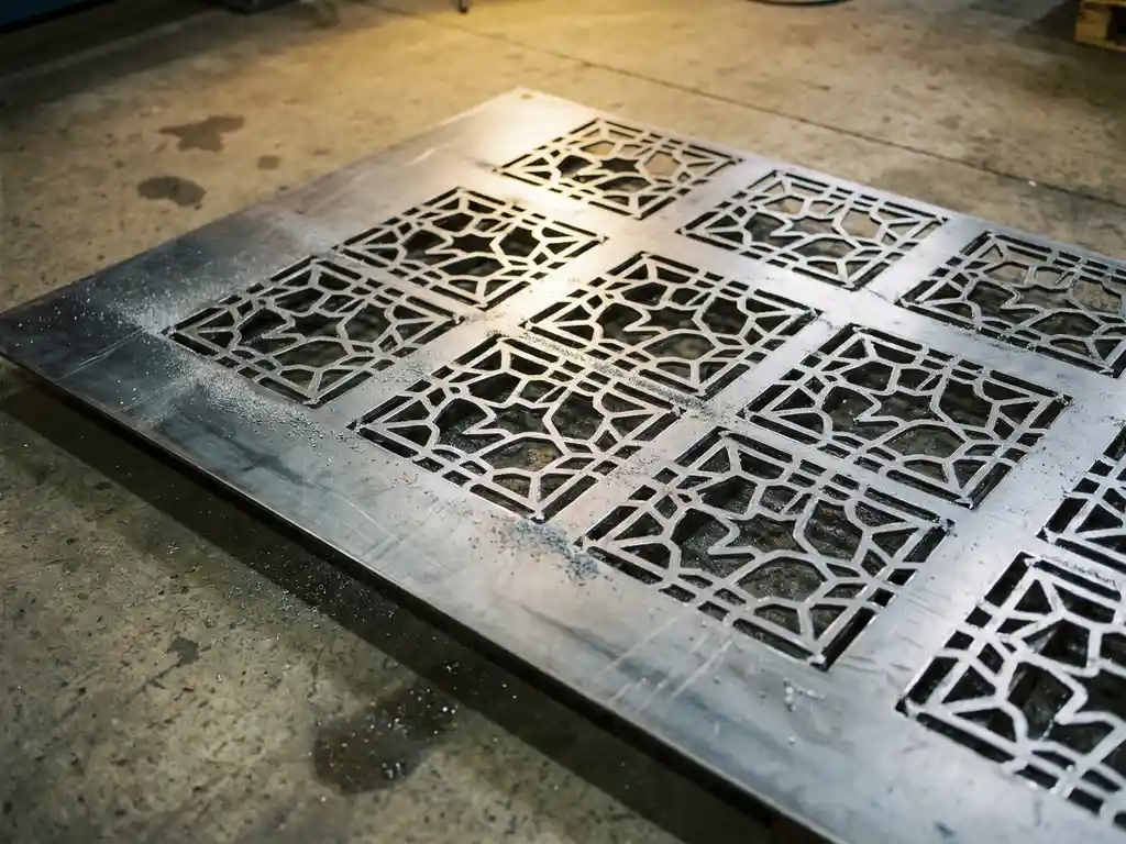 XXL lasergestanst metaalplaat met geometrische uitsparingen op industriële werkplaatsvloer, zilvergrijs staal met scherpe kantpatronen.