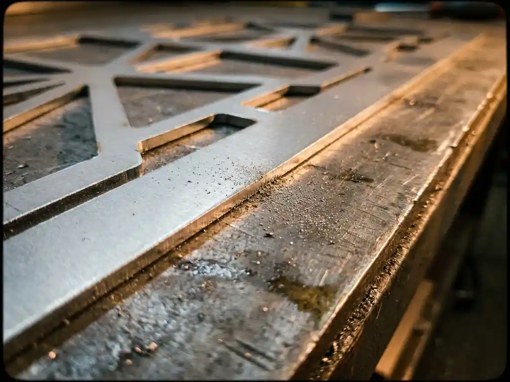 Lasergestanst stalen paneel met scherpe snijranden op werkbladoppervlak, metallisch stof zichtbaar in warm industrieel licht.