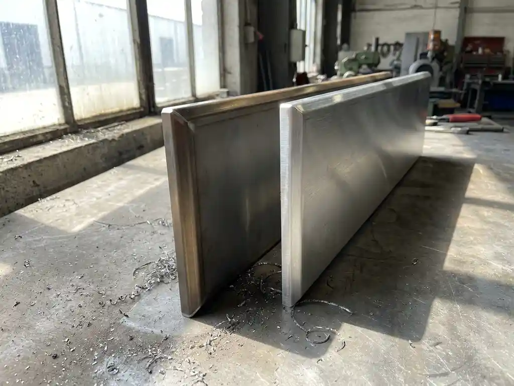Lasergeснeden stalen paneel en geborsteld aluminium plaat op betonnen werkplaatsvloer, met scherpe afgeschuinde randen en fijn metaalgruis.