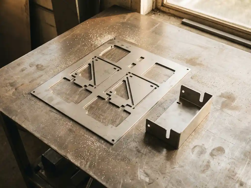 Lasergeснeden staalplaat met geometrische uitsparingen naast een CNC-gevouwen stalen beugel op een metalen werkoppervlak.
