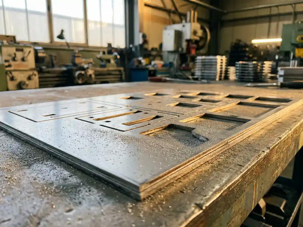 Lasergeснeden staalplaat met geometrische uitsparingen op een industriële werkbank, metaalstof oplichtend in warm atelierlight.