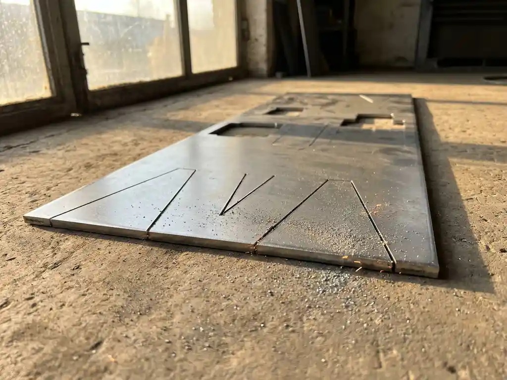 Lasergeснeden staalplaat met v-groef buiglijnen op betonnen werkplaatsvloer, met fijn metaalstof en scherpe randen in warm zijlicht.