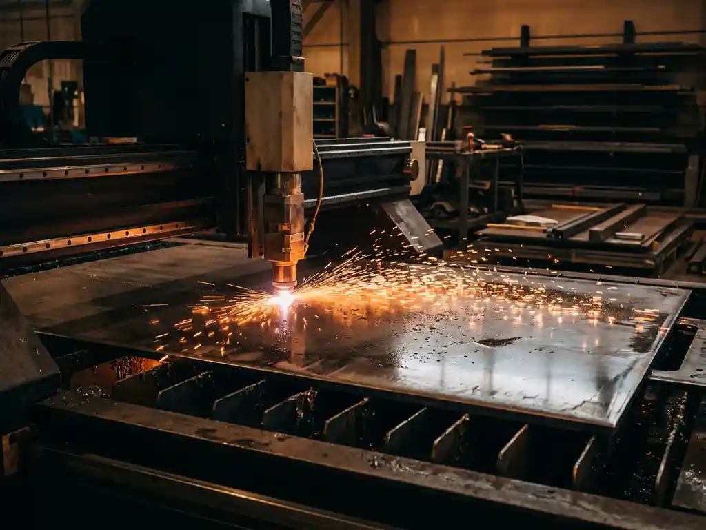 Lasersnijmachine snijdt staalplaat met spattende oranje vonken in een industriële werkplaats.