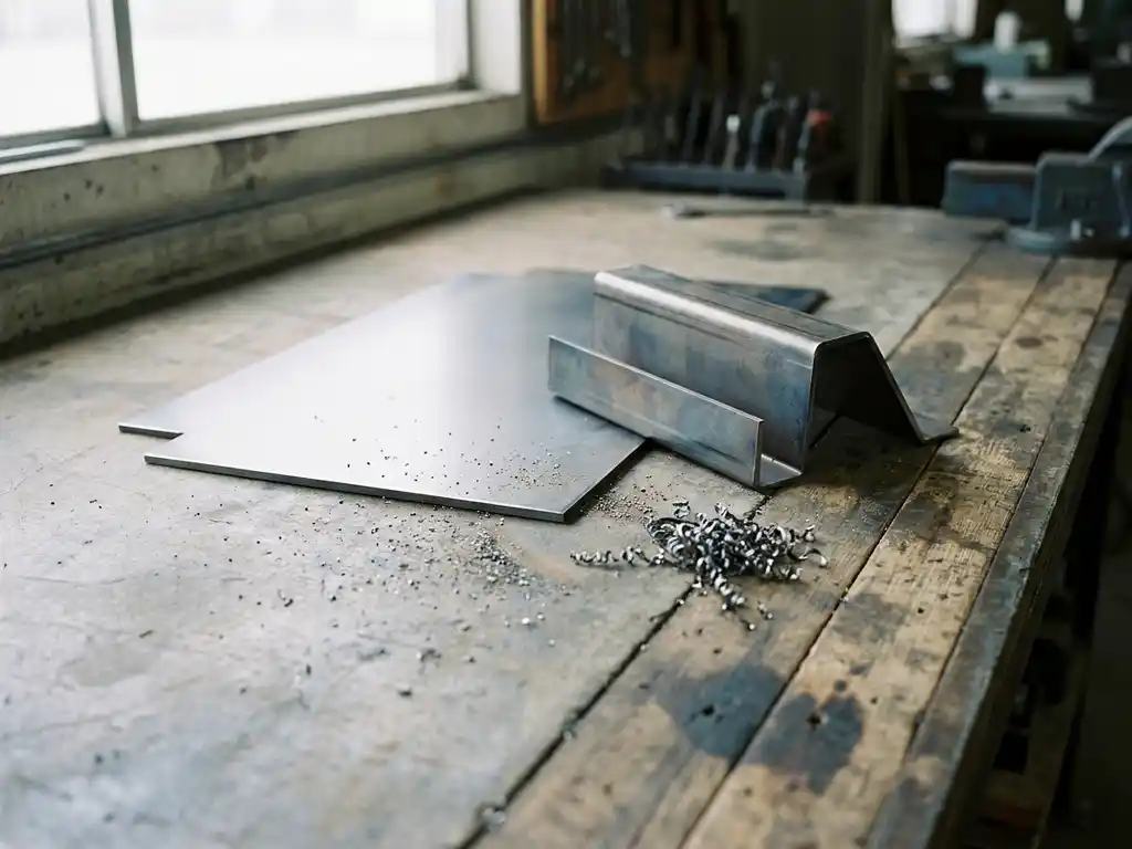 Lasergestanst stalen plaat en precies gevouwen metalen beugel op industriële werkbank, omgeven door fijne metaalspanen.