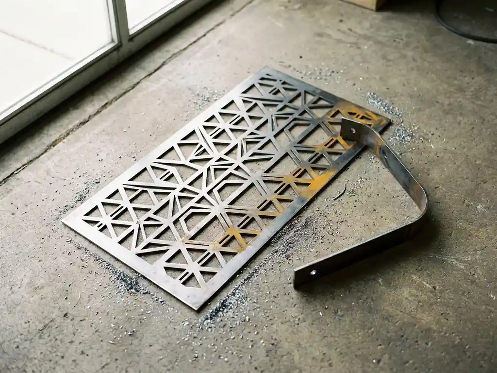 Lasergestanst staalplaat met geometrische uitsparingen op betonvloer, naast een nauwkeurig gebogen metalen beugel, met fijn metaalstof eromheen.