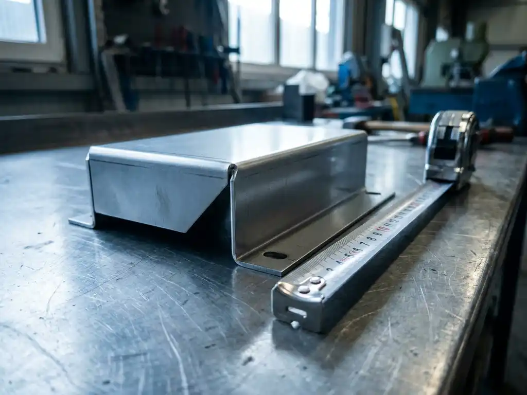 Versgeplooid plaatmetalen onderdeel op stalen werkbank met meetlint dat de afmetingen aangeeft, scherpe vouwlijnen in fabrieksverlichting.