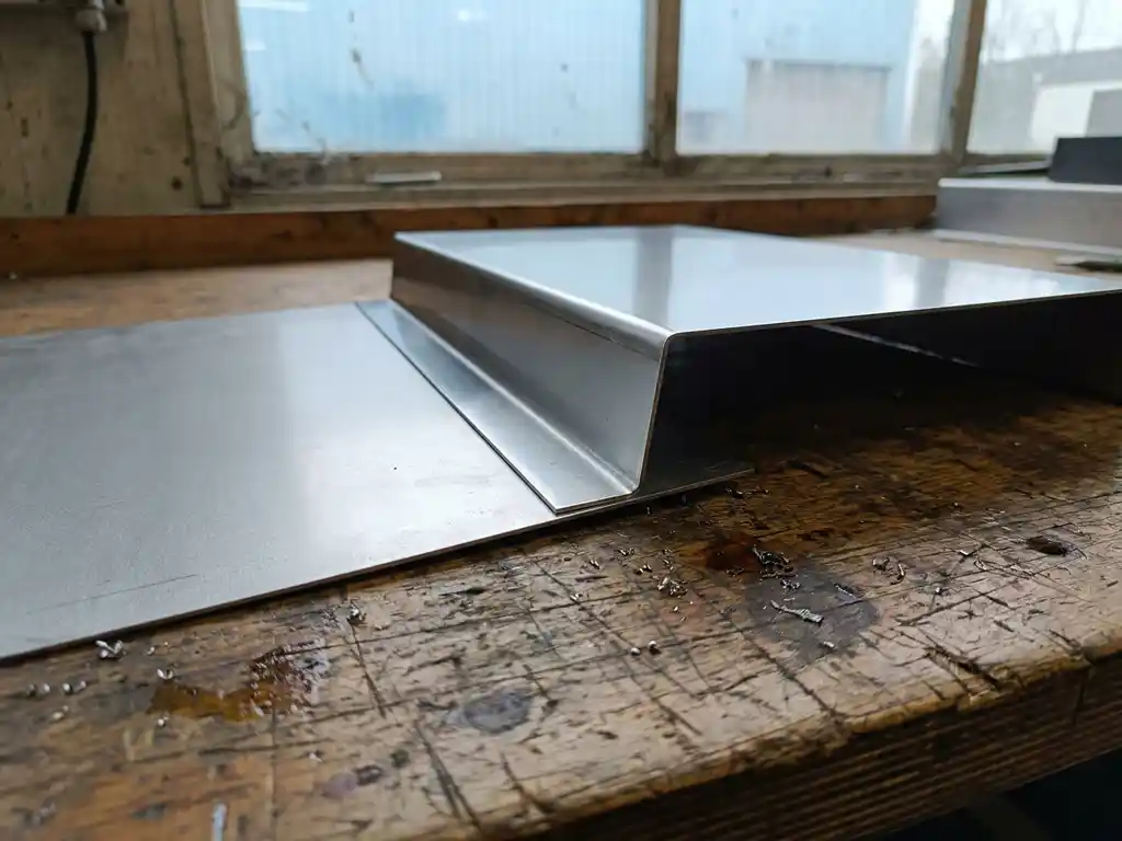 Gebogen roestvrijstalen plaat en mat aluminium vel op industriële werkbank, met metaalspanen en natuurlijk daglicht.