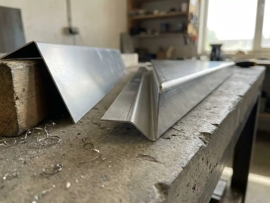 Scherpe v-groefvouw in geborsteld roestvrij staal op betonnen werkoppervlak, met aluminium paneel en metaalvijlsel op de voorgrond.
