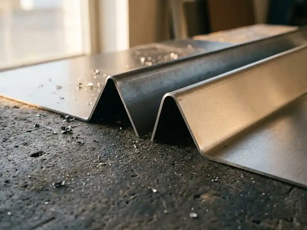 Scherp gebogen rand van staalplaat en aluminiumplaat naast elkaar op betonnen werkbladoppervlak, metaalvijlsel in warm middaglicht.