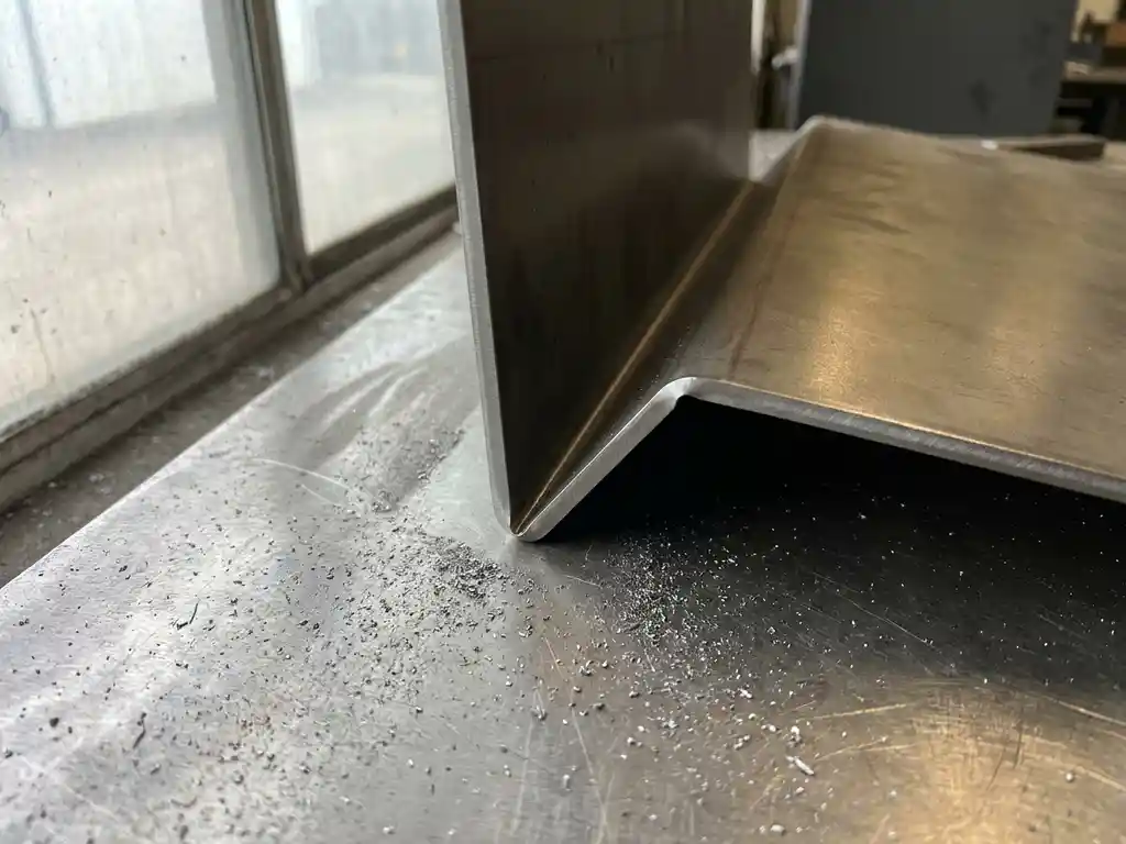 V-groef in stalen plaat op metalen werkoppervlak met fijne metaalspanen en scherpe vouwlijn in industrieel daglicht.