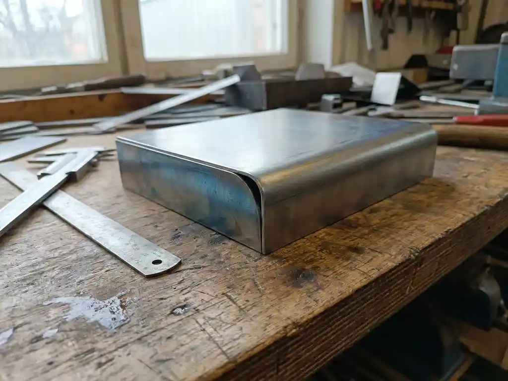 Gebogen staalplaat met strakke radiushoek op werkbankoppervlak, naast metalen liniaal en schuifmaat in natuurlijk zijlicht.