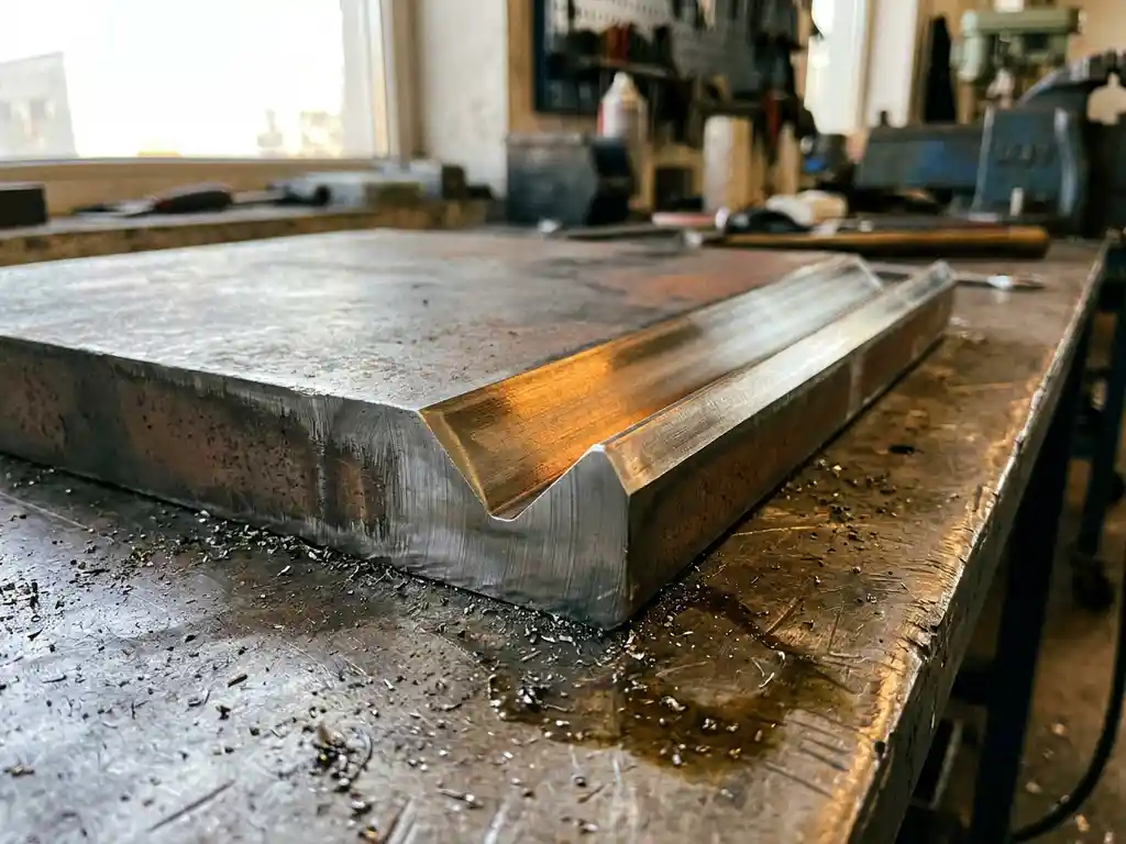 Stalen plaat met gefreesd V-groef op metalen werkoppervlak, omgeven door fijne metaalspanen in scherp zijlicht.