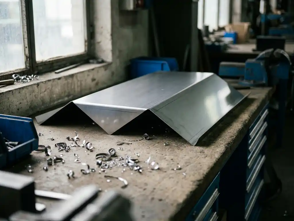 Precies gevouwen stalen plaatwerk met scherpe vouwlijnen op een ruw betonnen werkoppervlak, omgeven door metaalspanen in zacht natuurlijk licht.