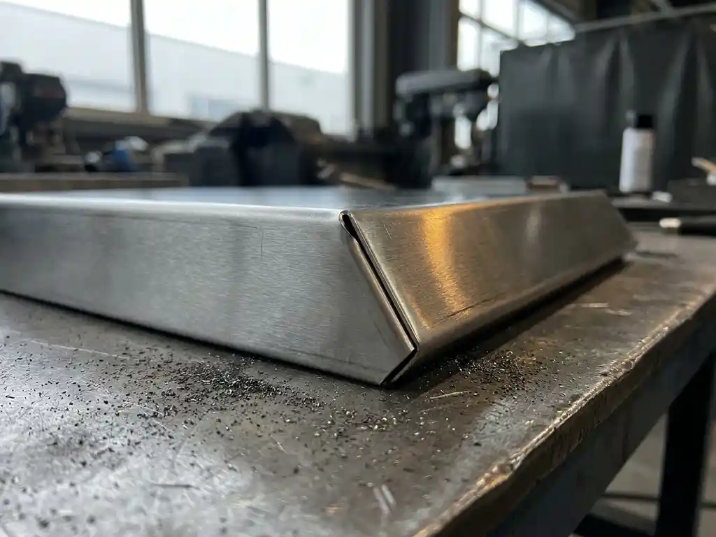 Scherpe V-groefbuiging in geborsteld staalplaat met strakke binnenradius op stalen werkbank, close-up met zachte fabrieksverlichting.