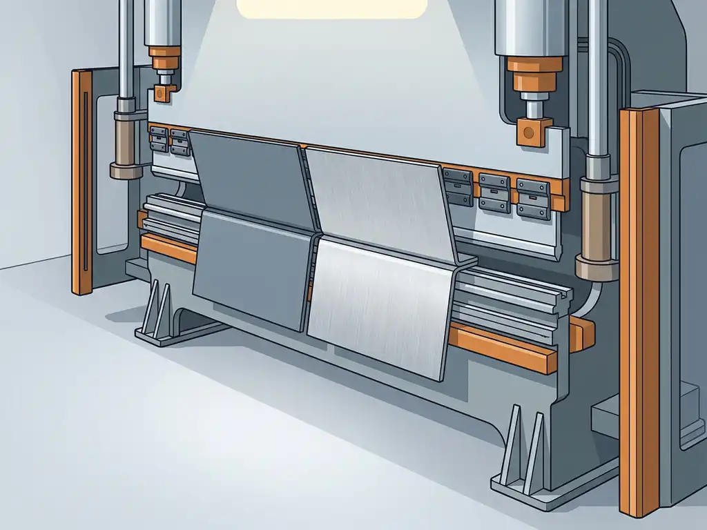 Kantbank buigt stalen en aluminium platen gelijktijdig in een schone werkplaats, industriële omgeving in zilver- en staalgrijs tinten.