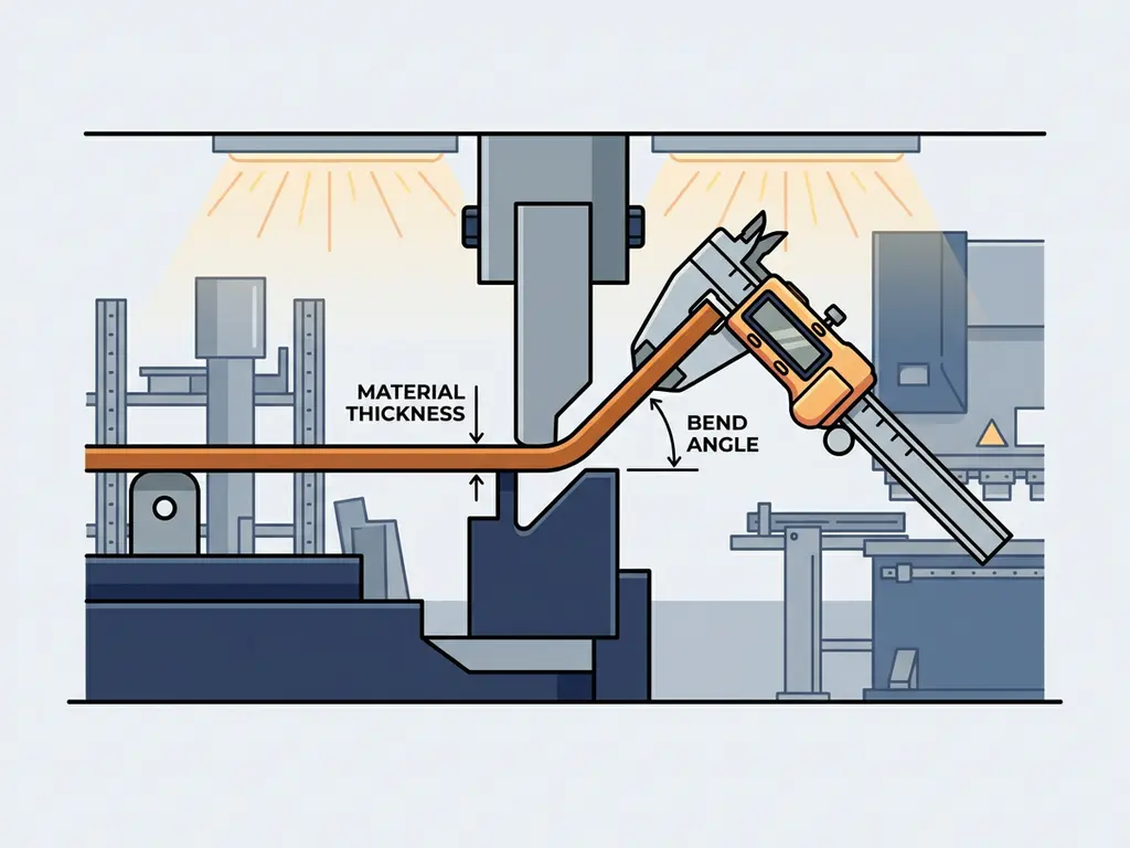 CNC kantbank buigt dik staalplaat, met schuifmaat langs de metaalrand in technische vector illustratie.