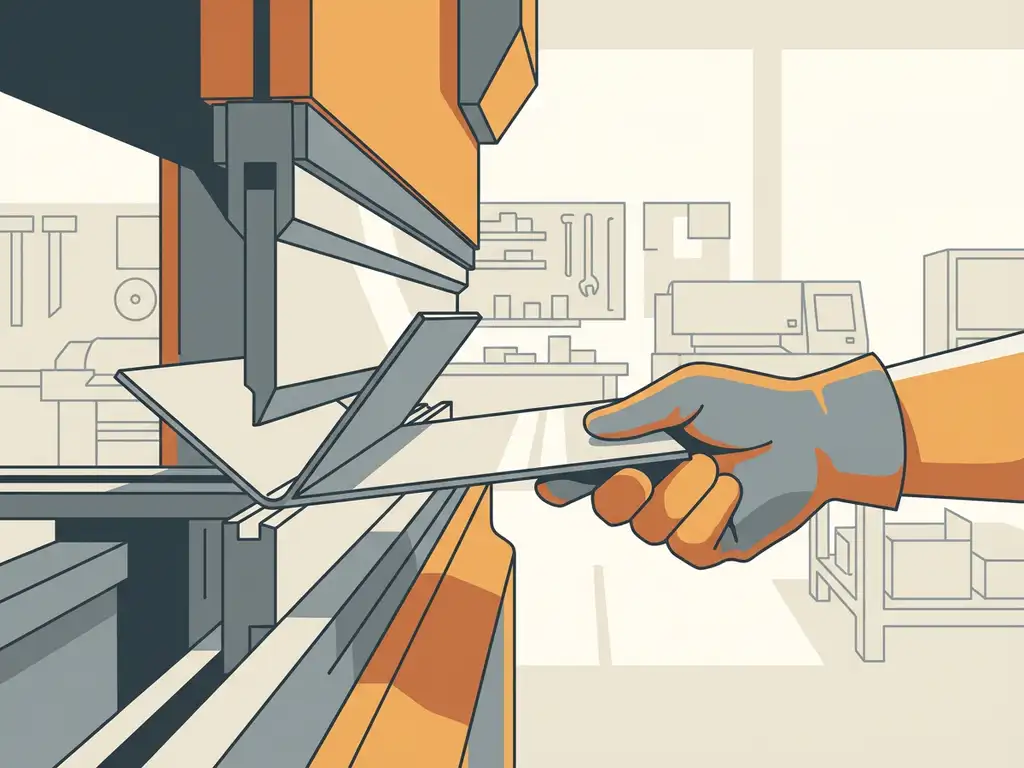 Gehandschoende hand die gecoat staalplaat in een kantbank vouwt, scherpe bieglijn zichtbaar, industriële werkplaats.