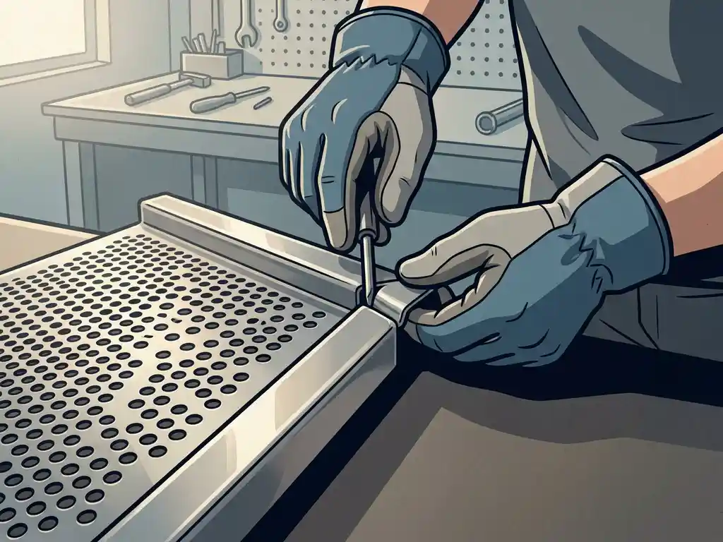Handschoenen dragende metaalbewerker buigt de gevouwen rand van een geperforeerd stalen plaat op een werkbank.