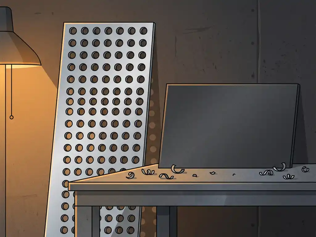 Geperforeerde staalplaat met poedercoating leunend tegen werkplaatsmuur op metalen werkbank met metaalspanen.