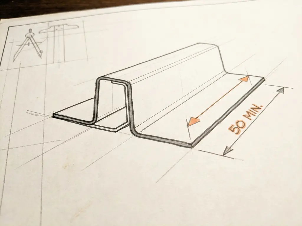 Technische doorsnede-illustratie van een gebogen staalplaat met maatpijl die de minimale flenslengte aangeeft.