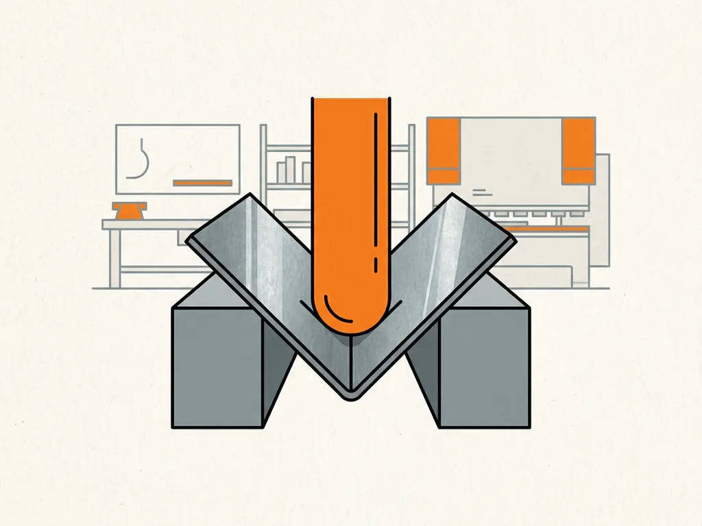 Gegalvaniseerd staalplaat wordt in een kantbank geperst tot een scherpe plooi, technische illustratie in staalgrijs en oranje.