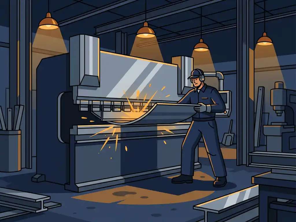 Vakman bedient een grote stalen kantbank die een metaalplaat buigt, vonken op gepolijst staal, industriële werkplaats.