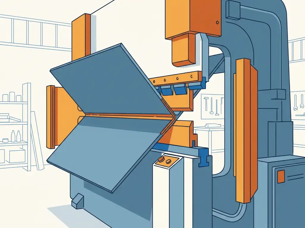 Metaalplaat die wordt gebogen in een hydraulische kantpers, met een scherpe vouwlijn en stalen machienearms op ooghoogte.