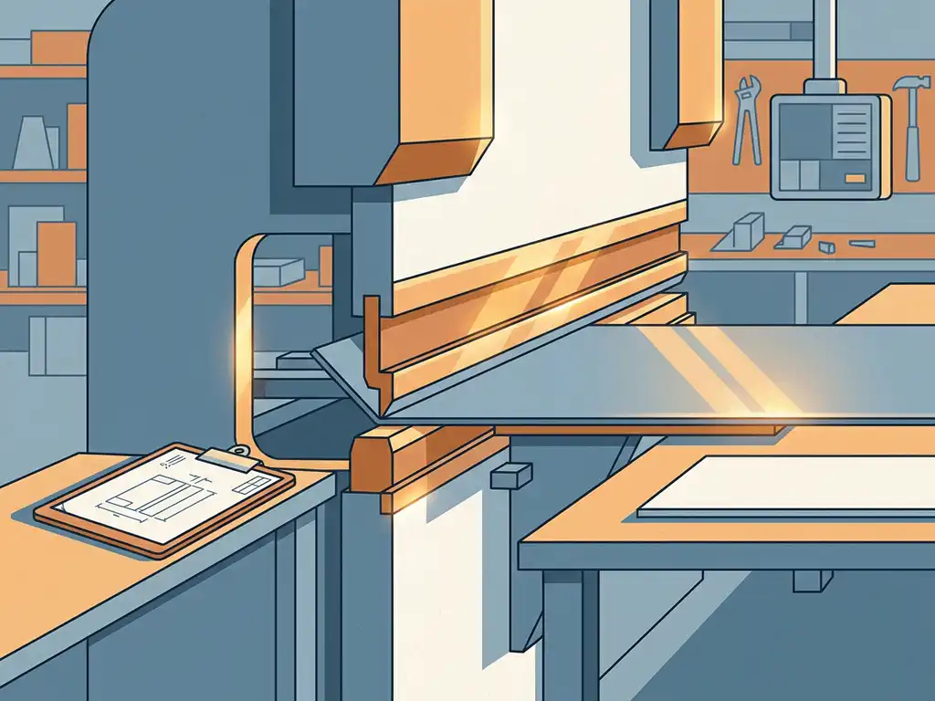 Metaalplaat die wordt gebogen door een kantbank, met technische tekening op klembord in industriële werkplaats.