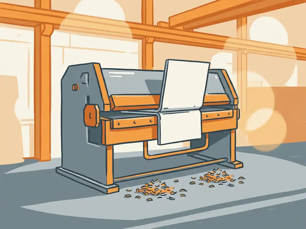 Plaatbuigmachine die een stalen plaat tot een rechte hoek plooit, met metaalspanen op de werkplaatsvloer.