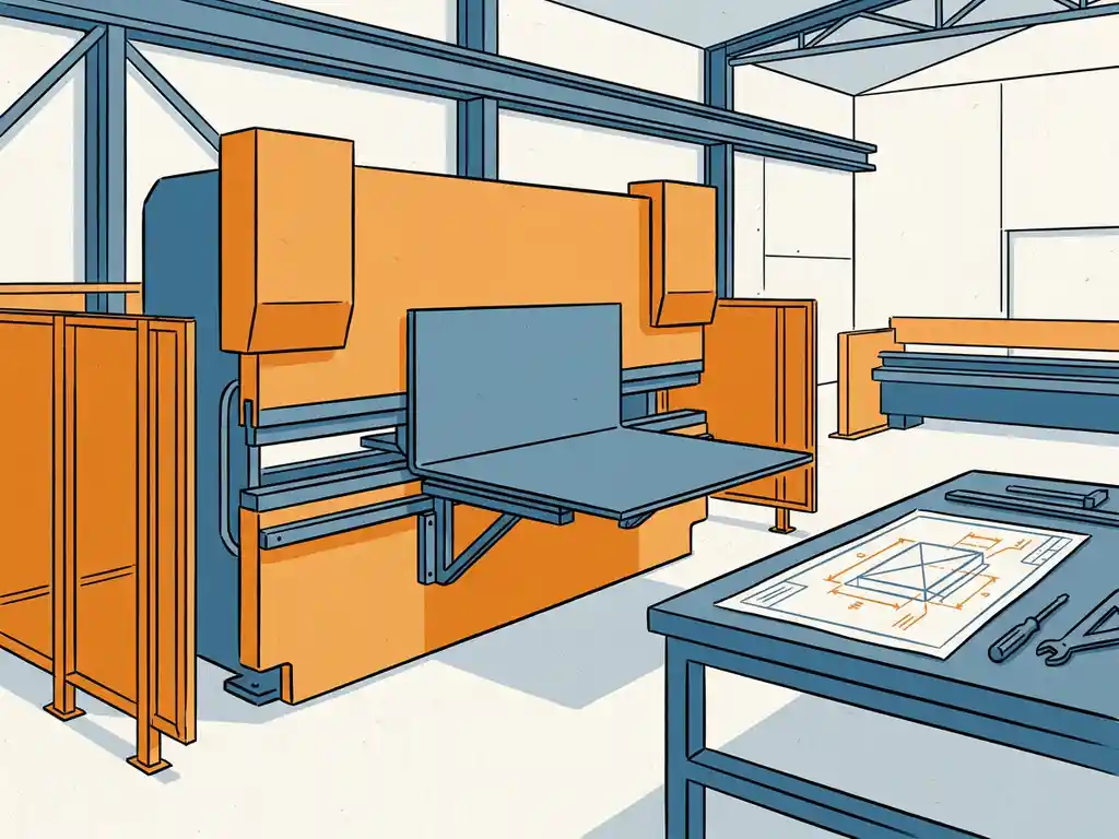 Stalen plaat die op exacte hoek wordt gebogen in metaalwerkplaats, met technische tekening op werkbank ernaast.