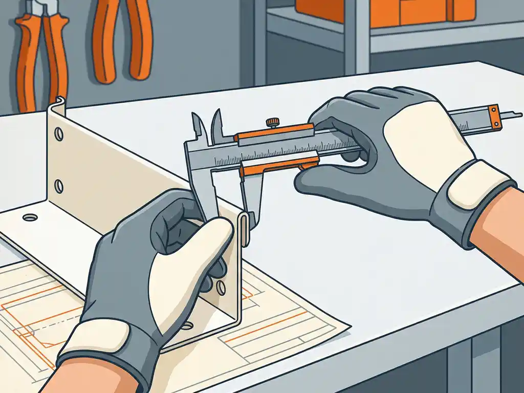 Handschoenen handen meten gevouwen rand van metalen beugel met stalen schuifmaat, technische tekening zichtbaar op werkbank.
